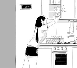 Rule 34 | 1girl, cabinet, character request, closed mouth, dishes, faucet, girls&#039; frontline, greyscale, huqu, indoors, ladle, low twintails, monochrome, multicolored hair, outstretched arm, oven, ro635 (girls&#039; frontline), shirt, short shorts, short sleeves, shorts, sink, solo, streaked hair, timestamp, twintails