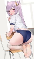 Rule 34 | 1girl, ass, blue buruma, blurry, blurry background, braid, buruma, candy, chair, commentary, desk, eating, food, from behind, genshin impact, hair ornament, hand up, highres, holding, holding food, hyouuma, keqing (genshin impact), light purple hair, lollipop, long hair, looking at viewer, looking back, no shoes, puffy short sleeves, puffy sleeves, purple eyes, shirt, short sleeves, single braid, skindentation, solo, swept bangs, symbol-shaped pupils, thighhighs, thighs, white shirt, white thighhighs