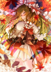 Rule 34 | 1girl, absurdres, autumn leaves, bare legs, bow, breasts, cross-laced clothes, cross-laced dress, dress, frilled dress, frilled ribbon, frills, green eyes, green hair, hair ribbon, highres, holding, holding ribbon, kagiyama hina, large breasts, long hair, multicolored clothes, multicolored dress, night, night sky, red bow, red ribbon, ribbon, signature, sky, solo, totomiya, touhou