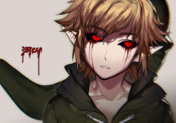 Rule 34 | 1boy, artist name, ben drowned, black sclera, blonde hair, blood, blood on face, bloody tears, colored sclera, creepypasta, green jacket, holding, hood, hooded jacket, jacket, kawacy, looking at viewer, nintendo, pointy ears, quick sketch, red eyes, solo, the legend of zelda, the legend of zelda: majora&#039;s mask, tunic