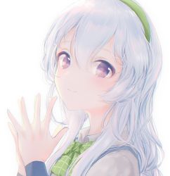 Rule 34 | 1girl, arm warmers, blush, bow, bowtie, green bow, green bowtie, green hairband, grey hair, hair between eyes, hairband, highres, kantai collection, long hair, own hands together, purple eyes, shirt, simple background, smile, solo, suspenders, tsunano (koi pink), upper body, white background, white shirt, yamagumo (kancolle)