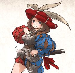 Rule 34 | 1girl, armor, blue eyes, breastplate, brown hair, codpiece, commentary, cowboy shot, english commentary, hands on own chest, hat, hat feather, ironlily, landsknecht (ironlily), long sleeves, looking at viewer, medium hair, notice lines, original, puff and slash sleeves, puffy long sleeves, puffy sleeves, red hat, simple background, smile, solo, sword, weapon, white background
