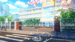 Rule 34 | blue sky, building, cherry blossoms, city, cloud, commentary, day, douyougen, fence, flower, highres, no humans, original, outdoors, pavement, reflection, road, scenery, school, sky, street, traffic light, tree, window