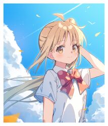 Rule 34 | 1girl, blonde hair, blue sky, bocchi the rock!, bow, bowtie, cloud, highres, holding, holding hair, ijichi nijika, long hair, red bow, red bowtie, shirt, sky, smile, solo, summer, very long hair, white shirt, wind, yellow eyes, zoirun