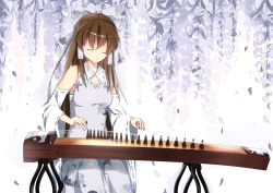 Rule 34 | 1girl, alternate color, bow, breasts, brown hair, carving, cleavage, detached sleeves, dress, floral print, frilled bow, frills, grey dress, hair bow, hair tubes, hakurei reimu, head tilt, ice-light, instrument, jacknavy, koto (instrument), long hair, medium breasts, music, petals, playing instrument, ribbon-trimmed bow, ribbon-trimmed collar, ribbon-trimmed sleeves, ribbon trim, sarashi, simple background, sitting, sleeveless, smile, solo, touhou, tree, very long hair, white background, yin yang