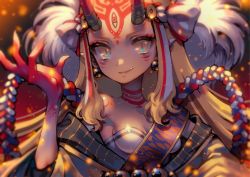 Rule 34 | 1girl, bare shoulders, blonde hair, breasts, cleavage, commentary request, earrings, facial mark, fang, fang out, fate/grand order, fate (series), highres, horns, ibaraki douji (fate), japanese clothes, jewelry, jigenn, kimono, long hair, looking at viewer, medium breasts, oni, oni horns, pointy ears, short sleeves, solo, tattoo, yellow eyes