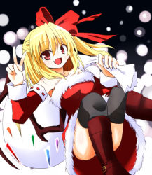Rule 34 | 1girl, bag, black thighhighs, boots, bow, detached sleeves, fang, flandre scarlet, hair bow, knee boots, long sleeves, looking at viewer, misoshiru (meridianchild312), open mouth, panties, pantyshot, red eyes, santa costume, side ponytail, sitting, smile, solo, thighhighs, touhou, underwear, upskirt, v, white panties, wings