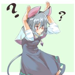 Rule 34 | 1girl, ?, arms up, bakuha, blue capelet, border, capelet, commentary request, cowboy shot, dress, green background, grey dress, grey hair, hair between eyes, highres, jewelry, long sleeves, mouse tail, nazrin, outside border, pendant, rabbit pose, red eyes, shirt, short hair, simple background, solo, standing, tail, touhou, v-shaped eyebrows, white border, white shirt