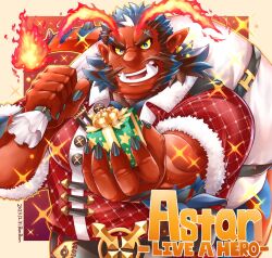 Rule 34 | 1boy, astar (live a hero), bara, bombom, box, colored skin, colored tips, copyright name, demon boy, fiery horns, fingernails, forked eyebrows, gift, gift box, highres, holding, holding sack, horns, huge eyebrows, incoming gift, large pectorals, live a hero, looking at viewer, male focus, mature male, multicolored hair, muscular, muscular male, mutton chops, ogre, pectorals, pointy ears, red skin, sack, santa costume, sharp fingernails, smile, solo, sparkling aura, square head, streaked beard, streaked eyebrows, tusks, upper body