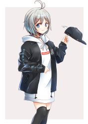 Rule 34 | .live, 1girl, antenna hair, baseball cap, black hat, black jacket, black thighhighs, blue eyes, blush, closed mouth, clothes writing, commentary request, english text, grey background, grey hair, hair between eyes, hair ornament, hairclip, hat, highres, hood, hood down, hoodie, jacket, long sleeves, looking at viewer, motion lines, okiru, open clothes, open jacket, dennou shoujo siro, sleeves past wrists, smile, solo, thighhighs, unworn hat, unworn headwear, virtual youtuber, white hoodie