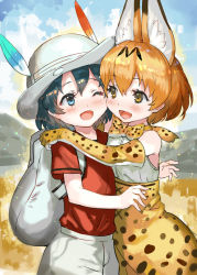 Rule 34 | 10s, 2girls, animal ears, backpack, bag, black hair, blonde hair, blue eyes, blush, bow, bowtie, brown eyes, bucket hat, cheek-to-cheek, commentary request, elbow gloves, gloves, hair between eyes, hat, hat feather, heads together, high-waist skirt, hug, kaban (kemono friends), kemono friends, long hair, looking at another, multiple girls, one eye closed, open mouth, ran&#039;ou (tamago no kimi), red shirt, serval (kemono friends), serval print, shirt, short hair, shorts, skirt, sleeveless, sleeveless shirt, smile, wavy hair