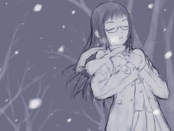 Rule 34 | 1girl, glasses, long hair, mittens, monochrome, purple theme, scarf, shimano natsume, sketch, snow, snowing, solo