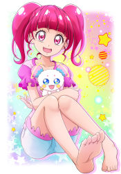 Rule 34 | 1girl, :d, barefoot, blunt bangs, collarbone, feet, full body, hanzou, highres, hoshina hikaru, long hair, looking at viewer, open mouth, pink eyes, pink hair, pink shirt, precure, shirt, short shorts, short sleeves, shorts, sitting, smile, soles, solo, star (symbol), star twinkle precure, toes, white background, white shorts