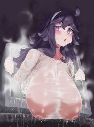 Rule 34 | 1girl, @ @, ahoge, breasts, covered erect nipples, creatures (company), crt, game freak, hanging breasts, hex maniac (pokemon), highres, huge breasts, long hair, nintendo, open mouth, pokemon, pokemon xy, purple background, purple eyes, purple hair, see-through, see-through shirt, shirt, silver queen (silverqueen0), sketch, solo, steam, television, through medium, through screen, upper body, wet, wet clothes, white shirt