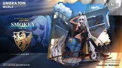 Rule 34 | 1girl, alchemy stars, artist request, barrel, black footwear, boots, breasts, character name, company name, copyright name, copyright notice, hand on own head, highres, logo, long hair, multiple views, official art, parted lips, scar, scar across eye, scar on face, silver hair, sitting, smokey (alchemy stars), sunglasses, thigh boots, thighhighs, torn clothes, torn legwear, twintails, very long hair, zoom layer