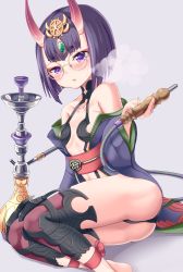 Rule 34 | 1girl, :o, ankle ribbon, ass, bad id, bad pixiv id, bare shoulders, blush, breasts, breath, collarbone, eyeshadow, fate/grand order, fate (series), feet out of frame, gem, hamalu, headpiece, highres, holding, hookah, japanese clothes, kimono, leg ribbon, long sleeves, looking at viewer, lying, makeup, navel, off shoulder, on side, open clothes, open kimono, open mouth, purple eyes, purple hair, red ribbon, revealing clothes, ribbon, round eyewear, shin guards, short hair, shuten douji (fate), small breasts, solo, thighs, wide sleeves, yellow-framed eyewear