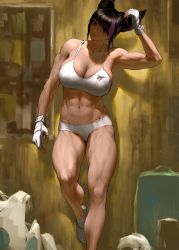 Rule 34 | 1girl, abs, alternate breast size, armpits, black hair, breasts, briefs, brown eyes, cleavage, fingerless gloves, gloves, hair horns, han juri, highres, indoors, infi, large breasts, looking at viewer, male underwear, mixed martial arts, mma gloves, muscular, muscular female, sandals, shaded face, short shorts, shorts, socks, solo, sports bra, street fighter, tank top, thighs, trash bag, underwear, white gloves, white socks