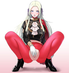 Rule 34 | 1girl, akisora, black footwear, blonde hair, breasts, censored, commentary request, covered navel, edelgard von hresvelg, female pubic hair, fire emblem, fire emblem: three houses, gloves, hair ribbon, high heels, highres, long hair, looking at viewer, mosaic censoring, nintendo, pantyhose, presenting, pubic hair, purple eyes, pussy, red pantyhose, ribbon, shadow, smile, solo, spread legs, squatting, torn clothes, torn pantyhose, white gloves