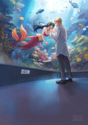 Rule 34 | 1boy, 1girl, alternate universe, aquarium, bare shoulders, black footwear, black hair, blonde hair, breasts, cleavage, coat, commentary, coral, couple, english commentary, felia hanakata, fish, full body, grey pants, hairband, highres, indoors, jewelry, long hair, long sleeves, looking at another, medium breasts, mermaid, monster girl, necklace, pants, red eyes, red tail, spy x family, standing, twilight (spy x family), water, white coat, yor briar