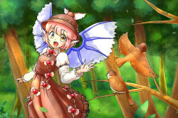 Rule 34 | 1girl, :d, alternate eye color, animal, animal ears, arm garter, bad id, bad pixiv id, bird, bow, branch, brown dress, claws, dress, fingernails, forest, hat, long fingernails, long sleeves, music, mystia lorelei, nature, open mouth, pink hair, puffy long sleeves, puffy sleeves, short hair, singing, smile, sparrow, touhou, tree, wings, yamami-hosyo, yellow eyes