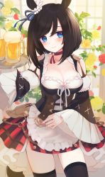 Rule 34 | 1girl, animal ears, beer mug, black hair, blue eyes, blush, bodice, breasts, choker, cleavage, closed mouth, cup, detached sleeves, dirndl, ear scrunchie, eishin flash (umamusume), frilled sleeves, frills, german clothes, highres, holding, holding tray, horse ears, horse girl, horse tail, kkokko, looking at viewer, medium breasts, medium hair, miniskirt, mug, oktoberfest, red choker, red skirt, scrunchie, skirt, smile, solo, swept bangs, tail, thighhighs, tray, umamusume, underbust, white scrunchie, white thighhighs, wide sleeves