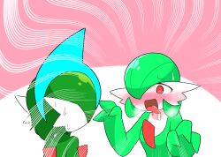 Rule 34 | 1boy, 1girl, blue hair, blush, bob cut, breasts, breath, colored skin, creatures (company), drooling, emphasis lines, facing another, facing away, from behind, gallade, game freak, gardevoir, gen 3 pokemon, gen 4 pokemon, green hair, green skin, hair over one eye, hands up, happy, highres, kanimiso na double, looking at another, mohawk, multicolored hair, multicolored skin, nintendo, nose blush, one eye covered, open mouth, pink background, pokemon, pokemon (creature), raised eyebrows, red eyes, saliva, short hair, small breasts, smile, standing, sweat, tongue, tongue out, two-tone background, two-tone hair, two-tone skin, upper body, white skin