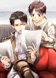 Rule 34 | 2boys, a1ri, boots, brown hair, couch, ascot, eren yeager, holding, crossed legs, levi (shingeki no kyojin), male focus, multiple boys, paper, reading, red upholstery, shingeki no kyojin, sitting, sweatdrop, talking