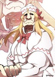 Rule 34 | 1boy, alex louis armstrong, artist name, bow, capelet, fullmetal alchemist, genderswap, genderswap (ftm), hat, highres, lily white, long hair, looking at viewer, male focus, manly, muscular, parody, simple background, solo, style parody, touhou, yutamaro, zoom layer