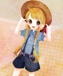 Rule 34 | 1girl, bad id, bad pixiv id, blonde hair, bow, braid, brown eyes, hat, long hair, open mouth, original, overalls, poco24, ribbon, smile, solo, teeth, twin braids