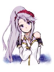 Rule 34 | 1girl, bare shoulders, breasts, detached sleeves, dress, fire emblem, fire emblem: genealogy of the holy war, head tilt, highres, light purple hair, long hair, looking at viewer, nintendo, ponytail, purple eyes, scrunchie, simple background, small breasts, solo, tailtiu (fire emblem), takatou mitsuru, upper body, white background