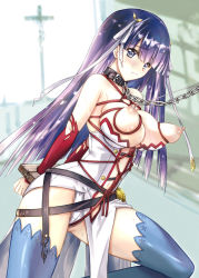 Rule 34 | 1girl, bare shoulders, bdsm, blue eyes, blunt bangs, blush, bondage, bound, breasts, chain, chain leash, choker, cleavage, comiket, fate/grand order, fate (series), gloves, large breasts, leash, martha (fate), navel, nipple piercing, nipple stimulation, nipple torture, nipples, piercing, purple hair, red gloves, serizawa katsumi, thighhighs, torn clothes