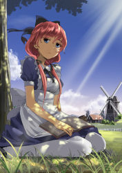 Rule 34 | 1girl, apron, bad id, bad pixiv id, blue eyes, book, bow, cloud, dappled sunlight, day, grass, hair bow, highres, jitome, light frown, light rays, long hair, looking at viewer, maid, maid apron, original, pantyhose, pink hair, red hair, sitting, sky, solo, sunbeam, sunlight, tree, twintails, wariza, white pantyhose, windmill, yoropa