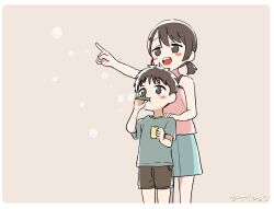 Rule 34 | 1boy, 1girl, aged down, black eyes, black hair, blush stickers, brother and sister, blowing bubbles, child, ganaishoten, hair ornament, hairclip, hand on another&#039;s shoulder, original, pointing, shirt, short twintails, shorts, siblings, skirt, standing, t-shirt, twintails