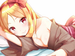 Rule 34 | 10s, 1girl, bare shoulders, blonde hair, blurry, blush, bow, breasts, cleavage, commentary request, depth of field, eromanga sensei, hair bow, japanese clothes, kimono, long hair, looking at viewer, lying, medium breasts, na53, on stomach, parted lips, pointy ears, smile, solo, yamada elf, yukata