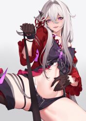 Rule 34 | 1girl, :d, bare shoulders, black gloves, black shirt, black shorts, black thighhighs, bracelet, collarbone, cowboy shot, gloves, hair between eyes, hair intakes, hand on own stomach, highres, holding, holding leash, honkai (series), honkai impact 3rd, jewelry, leash, long hair, looking at viewer, navel, off shoulder, open clothes, open mouth, open shirt, pak ce, pink eyes, pov, red shirt, shirt, short shorts, shorts, sidelocks, simple background, single thighhigh, smile, solo, spread legs, stomach, straight hair, teeth, thelema (honkai impact), thick thighs, thighhighs, thighs, two-tone shirt, upper teeth only, viewer on leash, white background