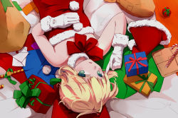 Rule 34 | 1girl, alternate costume, artoria pendragon (all), artoria pendragon (fate), bad id, bad pixiv id, bare shoulders, blonde hair, candy, candy cane, christmas, fate/stay night, fate (series), food, gift, gloves, green eyes, lying, magicians (zhkahogigzkh), on back, saber (fate), santa costume, solo, white gloves