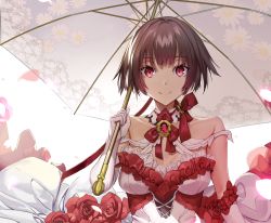 Rule 34 | 1girl, bad id, bad pixiv id, bare shoulders, bow, breasts, brooch, brown hair, cleavage, closed mouth, collarbone, ddaomphyo, dress, elbow gloves, flower, frilled dress, frills, gem, gloves, holding, holding umbrella, jewelry, looking at viewer, medium breasts, off-shoulder dress, off shoulder, original, petals, pink eyes, red bow, red flower, red gemstone, red neckwear, red rose, rose, short hair, simple background, smile, solo, umbrella, upper body, white background, white dress, white gloves