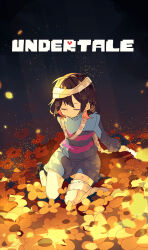 Rule 34 | 1other, absurdres, ahoge, androgynous, bandaged head, bandaged leg, bandages, black socks, blue shorts, blue sweater, brown hair, child, closed eyes, commentary, copyright name, cuts, expressionless, field, flower, flower field, frisk (undertale), full body, highres, injury, light particles, long sleeves, nikorashi-ka, no shoes, other focus, short hair, shorts, sitting, socks, solo, striped clothes, striped sweater, sweater, undertale, wariza, yellow flower