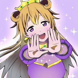 Rule 34 | 1girl, artist name, artist request, blush, bracelet, breasts, brown hair, butterfly (love live!), choker, cleavage, clothing cutout, collarbone, cropped shirt, crown, detached sleeves, double bun, dress, dress shirt, earrings, female focus, floating hair, gold bracelet, hair between eyes, hair bun, hair rings, harem outfit, highres, jewelry, konoe kanata, long hair, looking at viewer, love live!, love live! nijigasaki high school idol club, love live! school idol festival, medium breasts, navel, parted lips, puffy short sleeves, puffy sleeves, purple background, purple eyes, purple shirt, shirt, short sleeves, shorts, shoulder cutout, smile, solo, sparkle, two side up, upper body, yellow bracelet, yellow choker