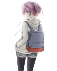 Rule 34 | 1girl, absurdres, alternate eye color, backpack, bag, black pantyhose, butterroru, casual, cowboy shot, from behind, grey hoodie, grey shorts, hair tie, hands in pockets, highres, hood, hood down, hoodie, kantai collection, long sleeves, looking back, official alternate costume, pantyhose, pink hair, pocket, ponytail, purple eyes, shiranui (kancolle), short shorts, shorts, sidelocks, simple background, solo, white background, zipper pull tab