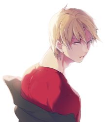 Rule 34 | 10s, 1boy, back, blonde hair, eyebrows, izumi kouhei, jacket, looking at viewer, looking back, male focus, off shoulder, parted lips, pepper fever, shade, shirt, simple background, solo, t-shirt, white background, world trigger, yellow eyes