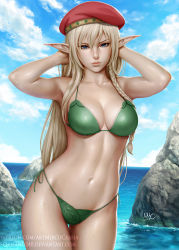 Rule 34 | 1girl, alleyne (queen&#039;s blade), alleyne (queen's blade), armpits, arms behind head, bad id, bad tumblr id, bare arms, bare shoulders, beret, bikini, blonde hair, blue eyes, blue sky, braid, breasts, cleavage, closed mouth, cloud, commentary, contrapposto, cowboy shot, dated, day, deviantart username, elf, fighting master alleyne, green bikini, hair between eyes, hands up, hat, highres, large breasts, leaf bikini, legs together, long hair, looking at viewer, navel, ocean, outdoors, patreon username, pointy ears, queen&#039;s blade, realistic, red hat, rock, sciamano240, side-tie bikini bottom, signature, sky, solo, standing, swimsuit, thigh gap, wading, water, watermark, wet