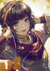 Rule 34 | 1girl, :p, akizero1510, black hair, cable, choker, earbuds, earphones, eyeliner, green eyes, grey sweater, hair ribbon, hands on own head, hands up, highres, lips, long sleeves, looking at viewer, makeup, nose, original, petals, pink lips, plaid, plaid scarf, red scarf, ribbon, scarf, short hair, smile, solo, sweater, tongue, tongue out, upper body, yellow ribbon