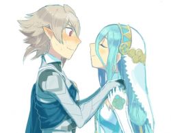 Rule 34 | 1boy, 1girl, @ @, aisutabetao, armor, azura (fire emblem), bad id, bad pixiv id, blue hair, blush, cape, closed eyes, corrin (fire emblem), corrin (male) (fire emblem), corrin (male) (fire emblem), couple, cousins, dress, elbow gloves, fire emblem, fire emblem fates, gloves, hair between eyes, hairband, hands on another&#039;s shoulders, height difference, hetero, imminent kiss, incest, long hair, nervous, nintendo, pointy ears, profile, short hair, silver hair, simple background, upper body, veil, very long hair, wavy mouth, white background, white gloves