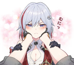 Rule 34 | &gt;:(, 1girl, 1other, absurdres, black gloves, blush, breasts, cleavage, commentary, gloves, grey hair, hair ornament, highres, honkai: star rail, honkai (series), looking at viewer, multicolored hair, pov, red hair, solo focus, streaked hair, topaz (honkai: star rail), trailblazer (honkai: star rail), translated, upper body, v-shaped eyebrows, white background, yumegiwa (skgl thx)