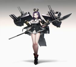 Rule 34 | :d, black footwear, black gloves, black skirt, blush, boots, breasts, cannon, commentary request, glaive (polearm), gloves, gradient background, grey background, halo, harau, high-waist skirt, high heel boots, high heels, highres, holding, holding weapon, kantai collection, large breasts, legs together, looking at viewer, machinery, mechanical halo, neck ribbon, open mouth, polearm, purple eyes, purple hair, red ribbon, ribbon, rigging, skirt, smile, solo, standing, tatsuta (kancolle), tatsuta kai ni (kancolle), weapon