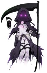 Rule 34 | 1girl, bandaged arm, bandages, black cloak, black gloves, black skirt, breasts, cleft of venus, cloak, commentary, contrapposto, english commentary, gloves, glowing, glowing eyes, grey hair, highres, holding, holding scythe, hood, hood up, hooded cloak, jewelry, looking at viewer, midriff, multiple views, navel, necklace, no feet, nyong nyong, petite, purple eyes, pussy, reaper (terraria), reference inset, scythe, short hair, simple background, skirt, skull, small breasts, strap, terraria, thigh strap, torn clothes, white background