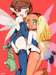 Rule 34 | 2girls, ass, atlus, bare shoulders, blonde hair, blush stickers, brown hair, china dress, chinese clothes, colored skin, dress, elbow gloves, eyelashes, gloves, green eyes, hua po, hua po (megami tensei), leotard, long hair, looking back, mao yu, multiple girls, open mouth, pixie (megami tensei), red background, red eyes, red skin, shin megami tensei, short hair, smile, stuffed animal, stuffed toy, thighhighs, wings