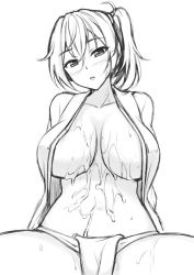 Rule 34 | 1girl, aftersex, blush, breasts, cleavage, cum, cum on body, cum on breasts, cum on upper body, fundoshi, greyscale, head tilt, japanese clothes, kaga (kancolle), kantai collection, large breasts, looking at viewer, monochrome, navel, no bra, open clothes, peach88, side ponytail, sitting, sketch, solo, spread legs, sweat