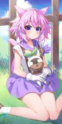 Rule 34 | 1girl, animal, animal ears, binato lulu, blush, breasts, cat ears, cat girl, cat tail, gloves, hair between eyes, hair ornament, highres, looking at viewer, neptune (neptunia), neptune (series), pink hair, purple eyes, purple hair, purple skirt, short hair, sitting, skirt, small breasts, solo, tail, white gloves